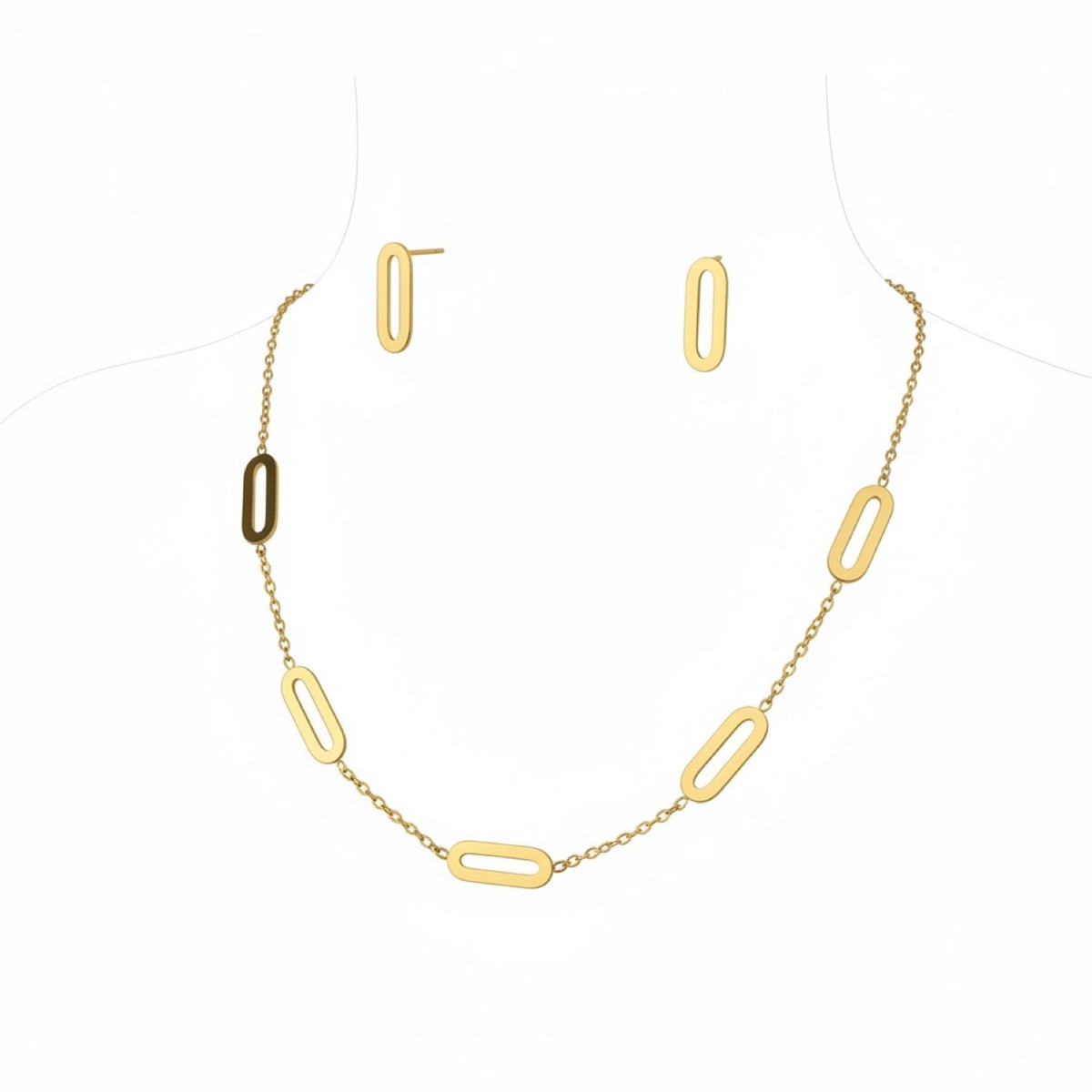 Oval Link Jewelry Set - gold oval station necklace with matching stud earrings