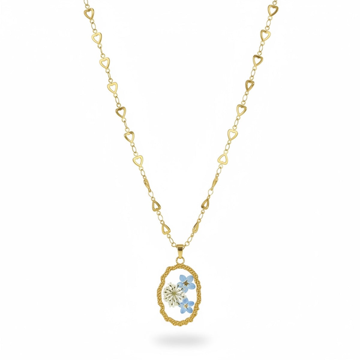 Pressed Flower Pendant Necklace - gold heart-link chain with oval pressed wildflower pendant